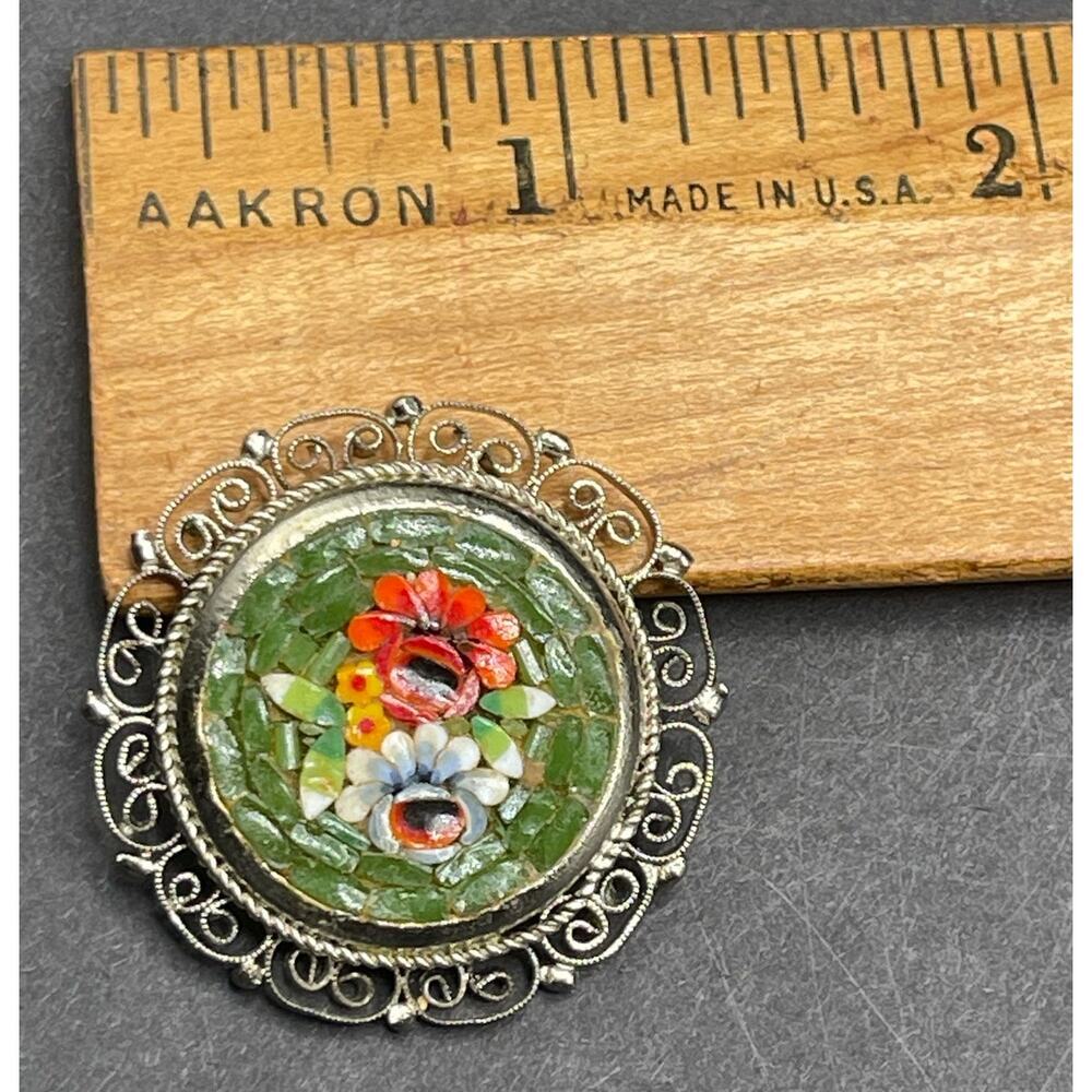 Green Red Floral Italian Brooch Mosaic Tile Silver Filigree Border Unsigned Pin - Picture 5 of 5